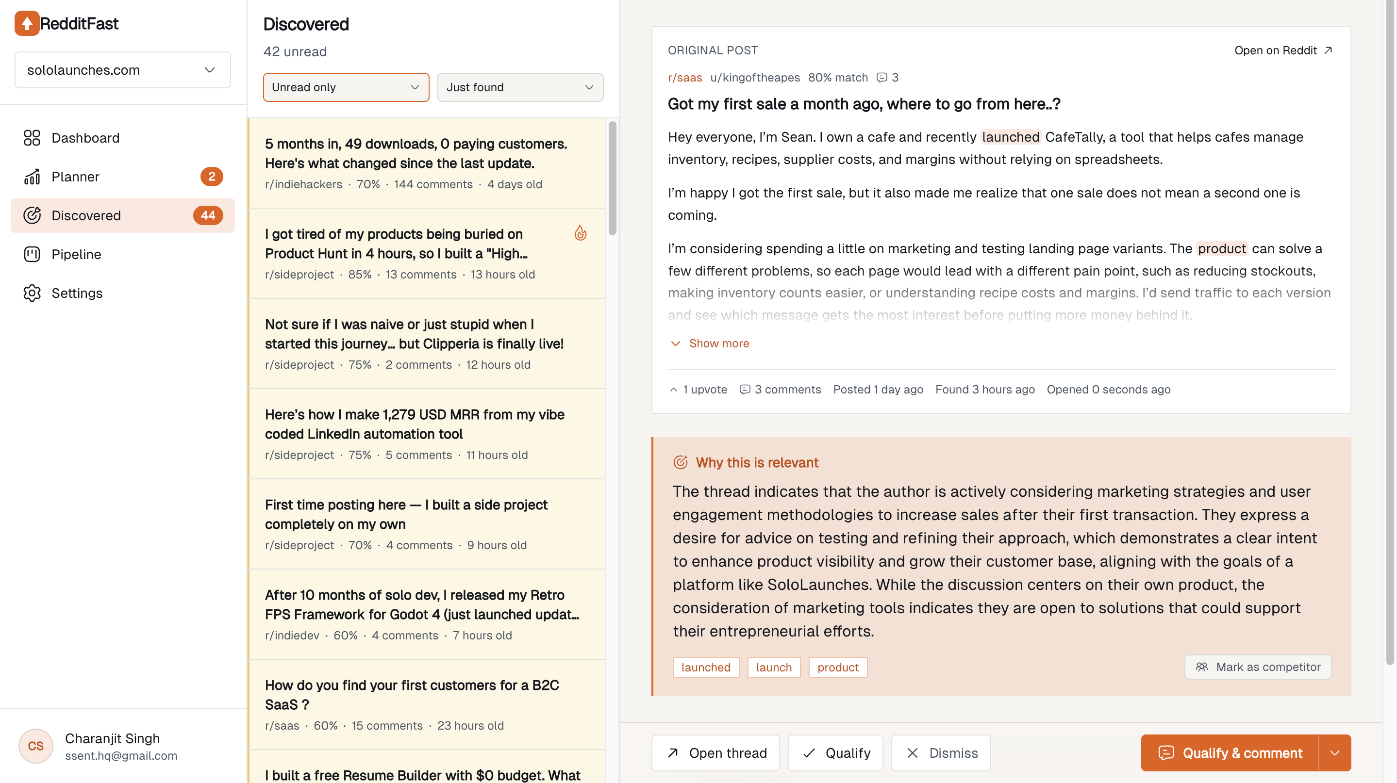 RedditFast showing a real Reddit thread and why it is worth replying to